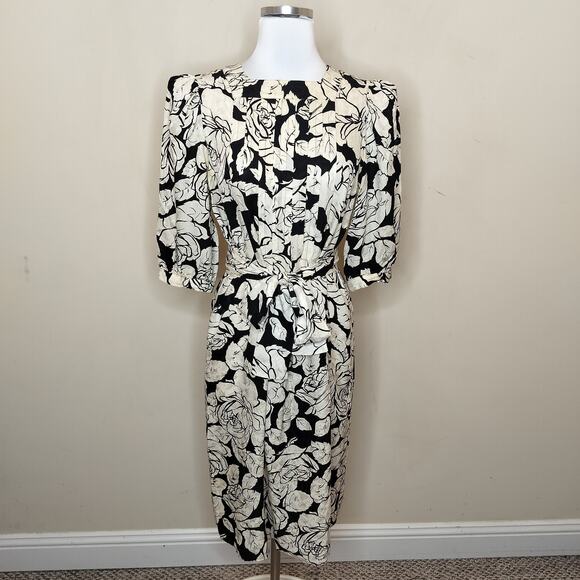Adrianna Papell Silk Floral Dress Vintage Belted Short Sleeve - Picture 1 of 14